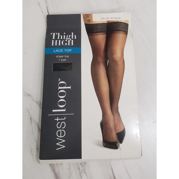 West Loop Lace Top Thigh High Sheer Toe Hose‎ Size L/XL Jet Black - Picture 1 of 4